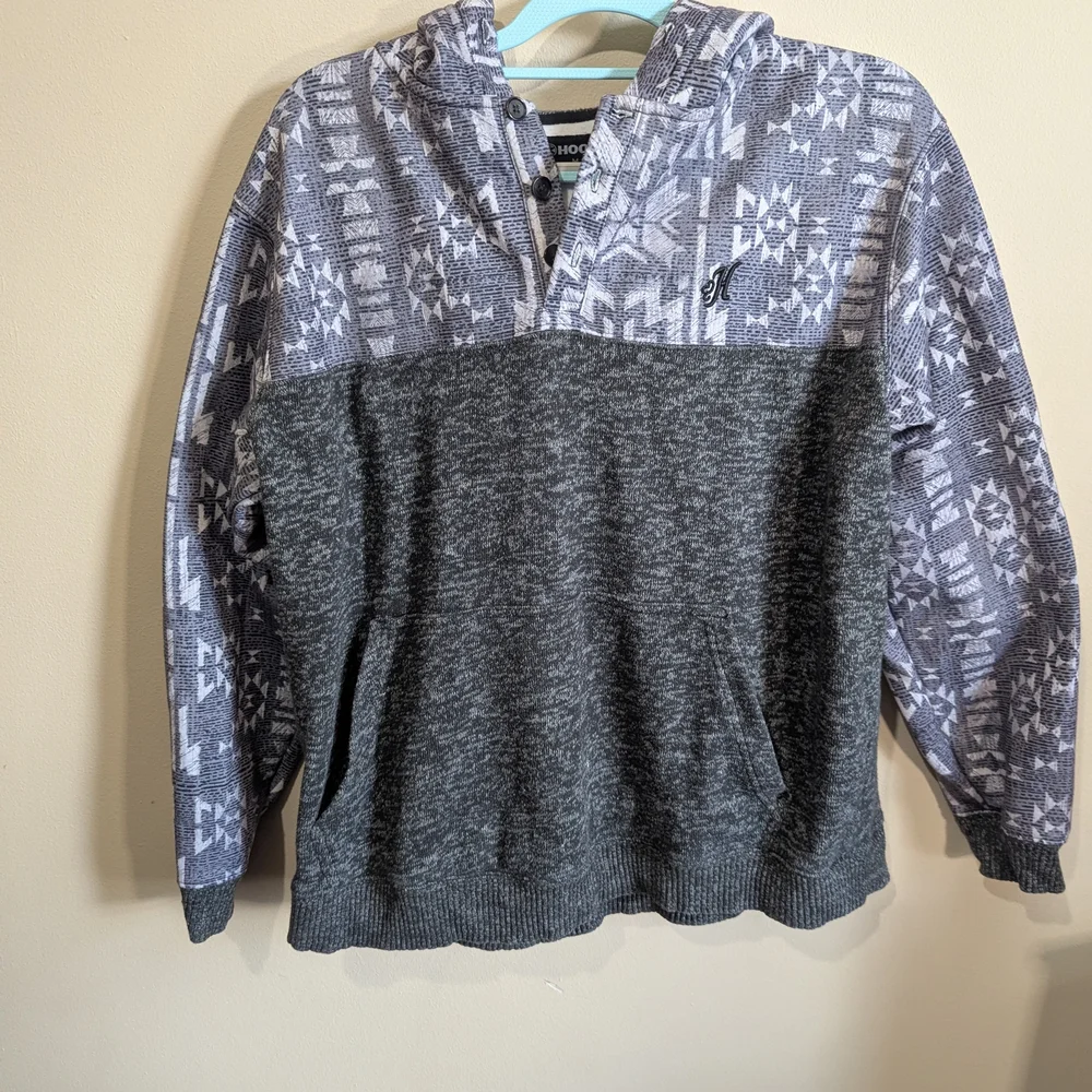 Hooey Aztec Print Pullover Hoodie Medium Gray Southwestern Sweatshirt